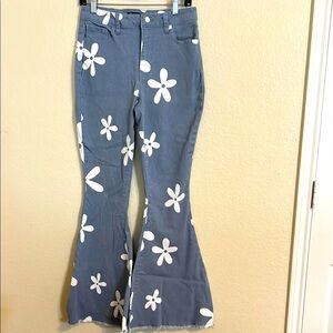 Versona Blue and White Flare Jeans with Floral Design